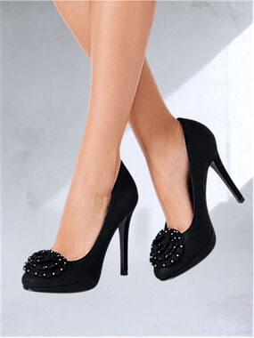 BCBG Paris “Bizzy” Rosette Black Suede Studded Pumps – Women’s Size 7.5